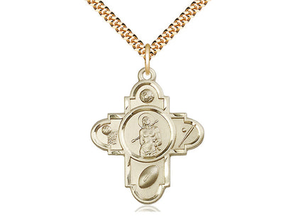 14kt Gold Filled Sports 5-Way St Sebastian Pendant on a 24 inch Gold Plate Heavy Curb Chain - Unique Catholic Gifts
