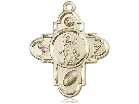 14kt Gold Filled Sports 5-Way St Sebastian Pendant on a 24 inch Gold Plate Heavy Curb Chain - Unique Catholic Gifts