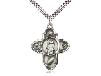 Sterling Silver Sports 5-Way St Sebastian Pendant on a 24 inch Light Rhodium Heavy Curb Chain - Unique Catholic Gifts