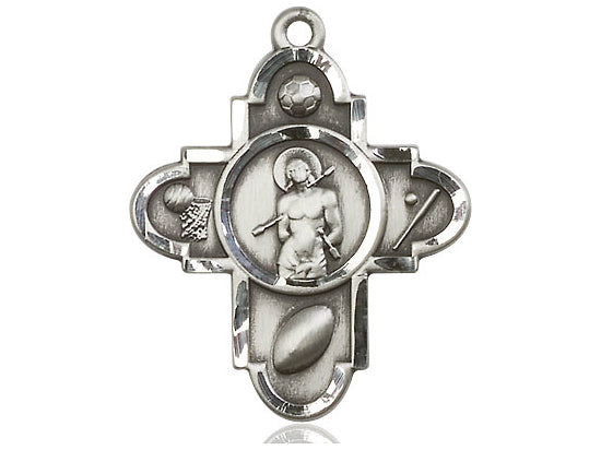 Sterling Silver Sports 5-Way St Sebastian Pendant on a 24 inch Light Rhodium Heavy Curb Chain - Unique Catholic Gifts