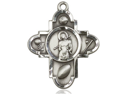 Sterling Silver Sports 5-Way St Sebastian Pendant on a 24 inch Light Rhodium Heavy Curb Chain - Unique Catholic Gifts