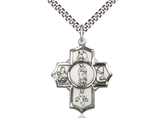 Sterling Silver Guadalupe Diego Pio Xav Nino Pendant on a 24 inch Light Rhodium Heavy Curb Chain - Unique Catholic Gifts