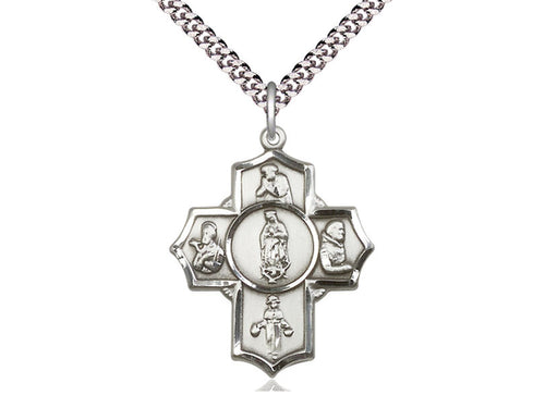 Sterling Silver Guadalupe Diego Pio Xav Nino Pendant on a 24 inch Light Rhodium Heavy Curb Chain - Unique Catholic Gifts