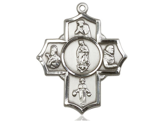 Sterling Silver Guadalupe Diego Pio Xav Nino Pendant on a 24 inch Light Rhodium Heavy Curb Chain - Unique Catholic Gifts