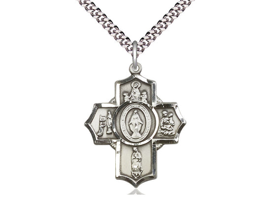 Sterling Silver Apparitions Pendant on a 24 inch Light Rhodium Heavy Curb Chain - Unique Catholic Gifts
