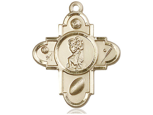 14kt Gold Filled Sports 5-Way St Christopher Pendant on a 24 inch Gold Plate Heavy Curb Chain - Unique Catholic Gifts