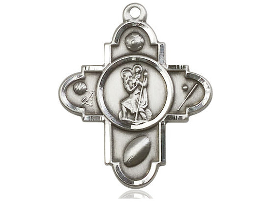 Sterling Silver Sports 5-Way St Christopher Pendant on a 24 inch Light Rhodium Heavy Curb Chain - Unique Catholic Gifts