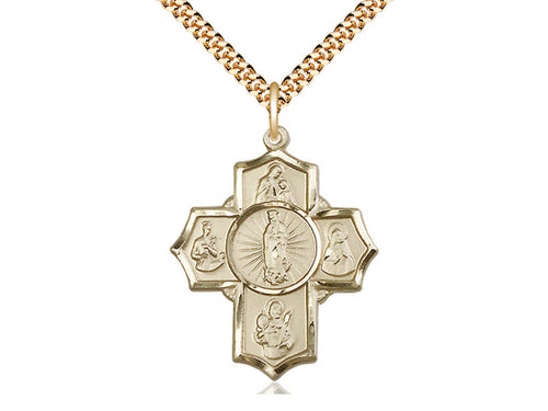14kt Gold Filled 5-Way Motherhood Pendant on a 24 inch Gold Plate Heavy Curb Chain - Unique Catholic Gifts