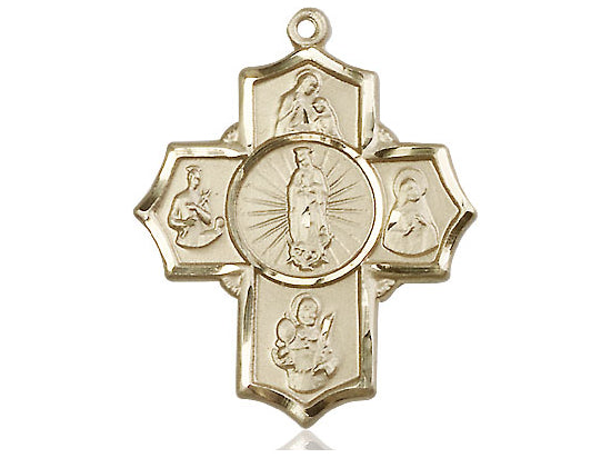 14kt Gold Filled 5-Way Motherhood Pendant on a 24 inch Gold Plate Heavy Curb Chain - Unique Catholic Gifts