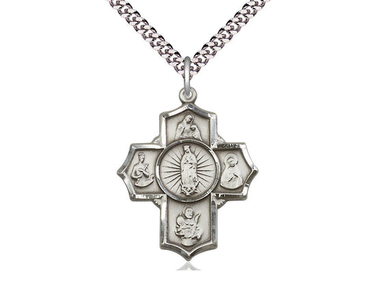Sterling Silver 5-Way Motherhood Pendant on a 24 inch Light Rhodium Heavy Curb Chain - Unique Catholic Gifts