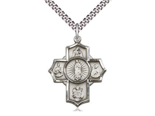 Sterling Silver 5-Way Motherhood Pendant on a 24 inch Light Rhodium Heavy Curb Chain - Unique Catholic Gifts