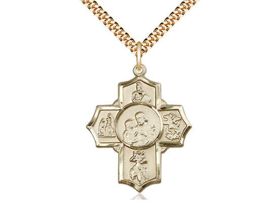 14kt Gold Filled 5-Way Firefighter Pendant on a 24 inch Gold Plate Heavy Curb Chain - Unique Catholic Gifts