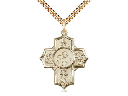 14kt Gold Filled 5-Way Firefighter Pendant on a 24 inch Gold Plate Heavy Curb Chain - Unique Catholic Gifts
