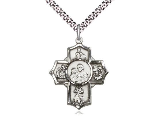 Sterling Silver 5-Way Firefighter Pendant on a 24 inch Light Rhodium Heavy Curb Chain - Unique Catholic Gifts