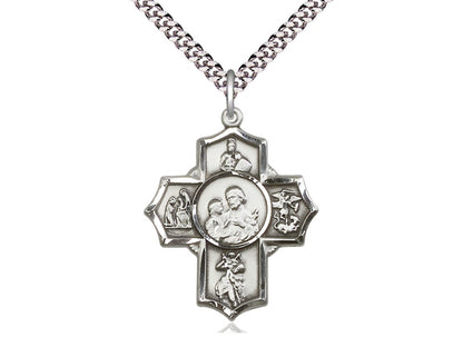 Sterling Silver 5-Way Firefighter Pendant on a 24 inch Light Rhodium Heavy Curb Chain - Unique Catholic Gifts