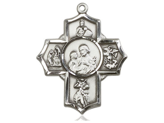 Sterling Silver 5-Way Firefighter Pendant on a 24 inch Light Rhodium Heavy Curb Chain - Unique Catholic Gifts