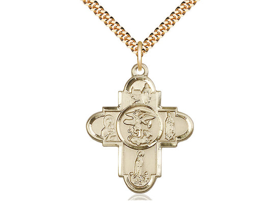 14kt Gold Filled Our Lady 5-Way Pendant on a 24 inch Gold Plate Heavy Curb Chain - Unique Catholic Gifts