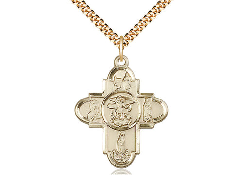 14kt Gold Filled Our Lady 5-Way Pendant on a 24 inch Gold Plate Heavy Curb Chain - Unique Catholic Gifts
