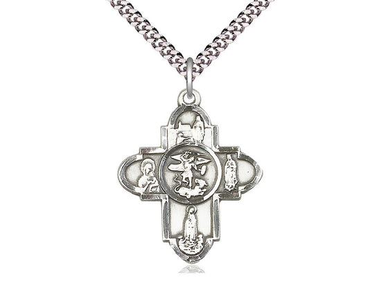 Sterling Silver Our Lady 5-Way Pendant on a 24 inch Light Rhodium Heavy Curb Chain - Unique Catholic Gifts