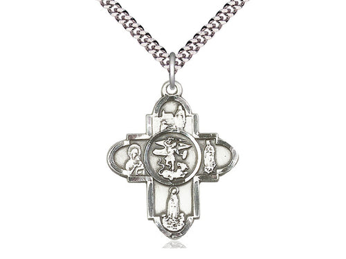 Sterling Silver Our Lady 5-Way Pendant on a 24 inch Light Rhodium Heavy Curb Chain - Unique Catholic Gifts