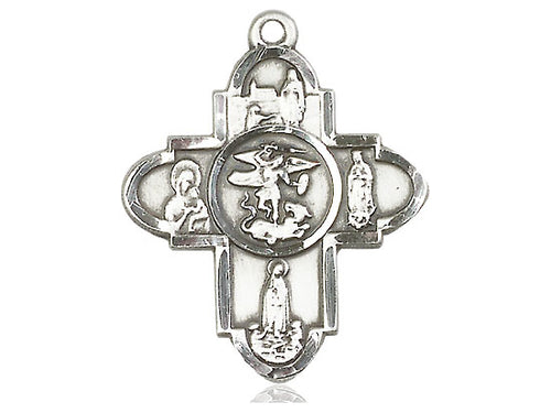 Sterling Silver Our Lady 5-Way Pendant on a 24 inch Light Rhodium Heavy Curb Chain - Unique Catholic Gifts
