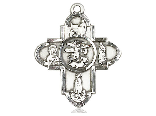 Sterling Silver Our Lady 5-Way Pendant on a 24 inch Light Rhodium Heavy Curb Chain - Unique Catholic Gifts
