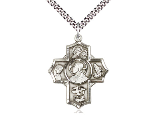 Sterling Silver Sacred Heart 5-Way Pendant on a 24 inch Light Rhodium Heavy Curb Chain - Unique Catholic Gifts