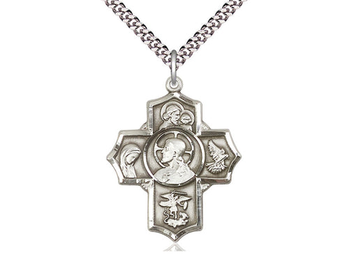 Sterling Silver Sacred Heart 5-Way Pendant on a 24 inch Light Rhodium Heavy Curb Chain - Unique Catholic Gifts