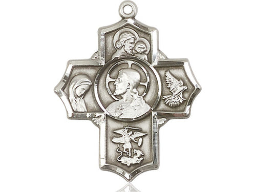 Sterling Silver Sacred Heart 5-Way Pendant on a 24 inch Light Rhodium Heavy Curb Chain - Unique Catholic Gifts