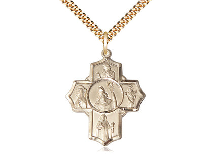 14kt Gold Filled Irish 5-Way Pendant on a 24 inch Gold Plate Heavy Curb Chain - Unique Catholic Gifts