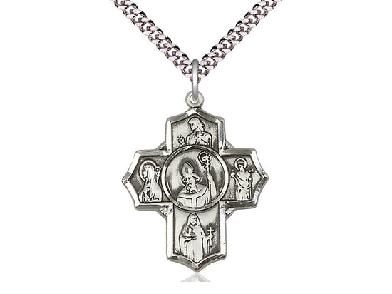 Sterling Silver Irish 5-Way Pendant on a 24 inch Light Rhodium Heavy Curb Chain - Unique Catholic Gifts