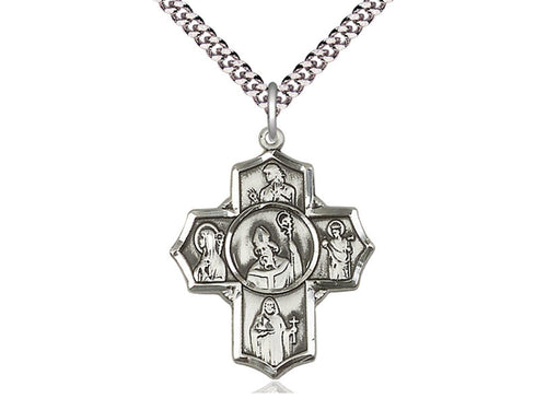 Sterling Silver Irish 5-Way Pendant on a 24 inch Light Rhodium Heavy Curb Chain - Unique Catholic Gifts