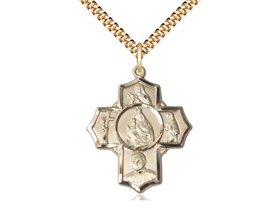 14kt Gold Filled Carmelite 4-Way Pendant on a 24 inch Gold Plate Heavy Curb Chain - Unique Catholic Gifts