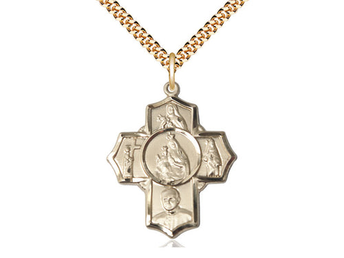 14kt Gold Filled Carmelite 4-Way Pendant on a 24 inch Gold Plate Heavy Curb Chain - Unique Catholic Gifts