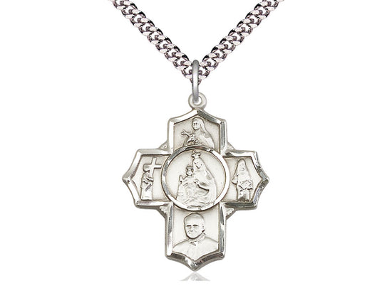 Sterling Silver Carmelite 4-Way Pendant on a 24 inch Light Rhodium Heavy Curb Chain - Unique Catholic Gifts