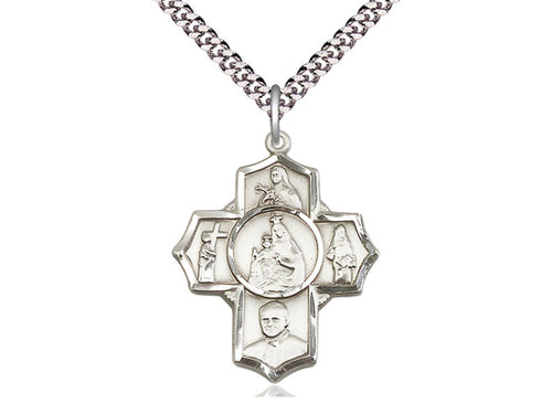 Sterling Silver Carmelite 4-Way Pendant on a 24 inch Light Rhodium Heavy Curb Chain - Unique Catholic Gifts