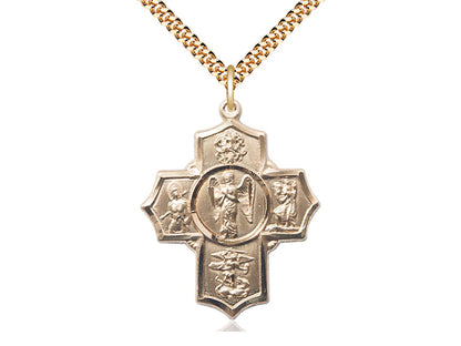 14kt Gold Filled Warrior 5-Way Pendant on a 24 inch Gold Plate Heavy Curb Chain - Unique Catholic Gifts