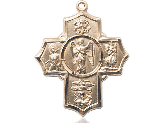 14kt Gold Filled Warrior 5-Way Pendant on a 24 inch Gold Plate Heavy Curb Chain - Unique Catholic Gifts