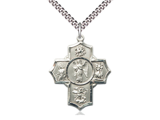 Sterling Silver Warrior 5-Way Pendant on a 24 inch Light Rhodium Heavy Curb Chain - Unique Catholic Gifts