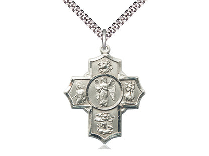Sterling Silver Warrior 5-Way Pendant on a 24 inch Light Rhodium Heavy Curb Chain - Unique Catholic Gifts