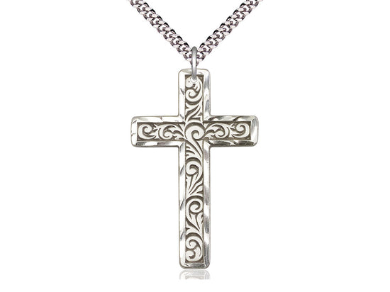 Sterling Silver Knurled Cross Pendant on a 24 inch Light Rhodium Heavy Curb Chain - Unique Catholic Gifts