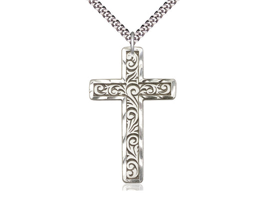 Sterling Silver Knurled Cross Pendant on a 24 inch Light Rhodium Heavy Curb Chain - Unique Catholic Gifts