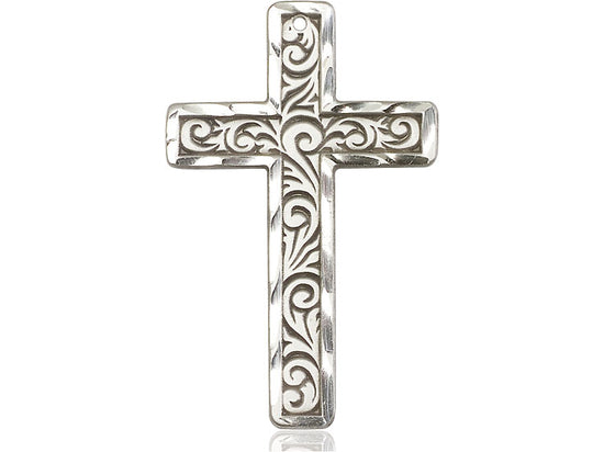 Sterling Silver Knurled Cross Pendant on a 24 inch Light Rhodium Heavy Curb Chain - Unique Catholic Gifts