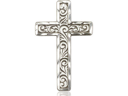 Sterling Silver Knurled Cross Pendant on a 24 inch Light Rhodium Heavy Curb Chain - Unique Catholic Gifts