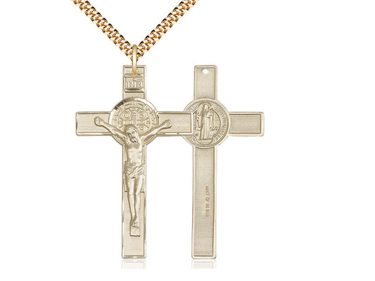 14kt Gold Filled St Benedict Crucifix Pendant on a 24 inch Gold Plate Heavy Curb Chain - Unique Catholic Gifts