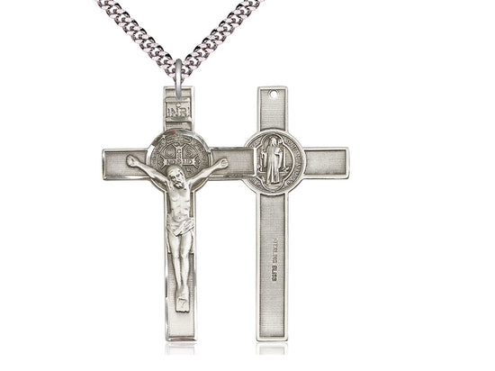 Sterling Silver St Benedict Crucifix Pendant on a 24 inch Light Rhodium Heavy Curb Chain. - Unique Catholic Gifts