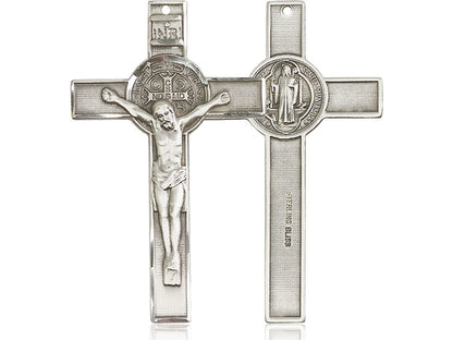 Sterling Silver St Benedict Crucifix Pendant on a 24 inch Light Rhodium Heavy Curb Chain. - Unique Catholic Gifts