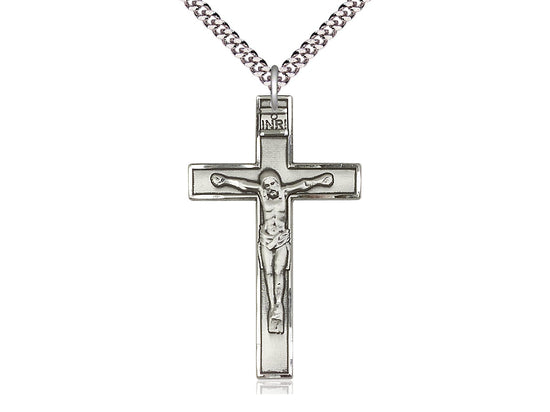 sterling Silver Crucifix Pendant on a 24 inch Light Rhodium Heavy Curb Chain - Unique Catholic Gifts
