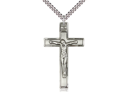 sterling Silver Crucifix Pendant on a 24 inch Light Rhodium Heavy Curb Chain - Unique Catholic Gifts