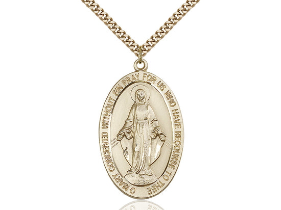 14kt Gold Filled Miraculous Pendant on a 24 inch Gold Plate Heavy Curb Chain - Unique Catholic Gifts